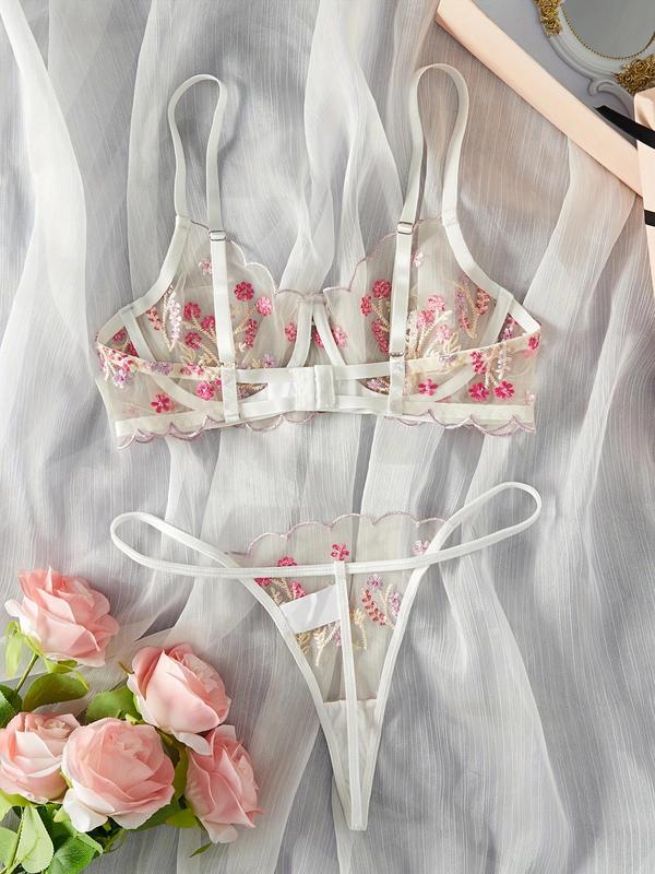 Women's 2pcs Floral Embroidery Sheer Tulle Sexy Lingerie Set, Adjustable Strap Bow Front Underwire Bra & Scallop Trim Thong, Fashion Comfy Women's Sexy Lingerie Set for All Seasons