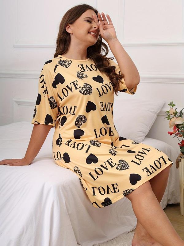 Plus Size Heart & Letter Print Short Sleeve Nightdress, Casual Round Neck Sleep Dress, Women's Sleepwear & Loungewear for Indoor Wear