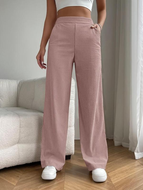 Women's Plain Pocket High Waist Pants, Casual Corduroy Wide Leg Trousers for Women, Ladies Bottoms for Daily Wear