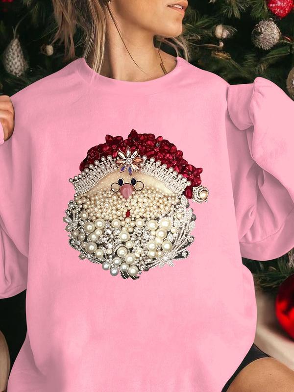 Women's Rhinestone & Faux Pearl Decor Santa Claus Print Christmas Thermal Lined Sweatshirt, Casual Drop Shoulder Long Sleeve Pullover, Women's Christmas Clothes for Daily Wear