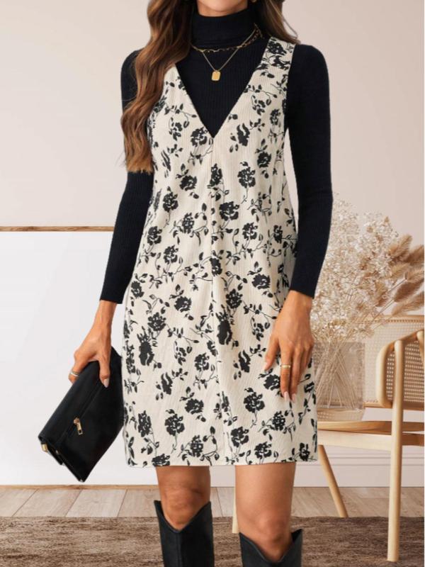 Women's Floral Print V Neck Tank Dress, Elegant Sleeveless Short Dress for Spring & Fall, Ladies Clothes for Daily Wear