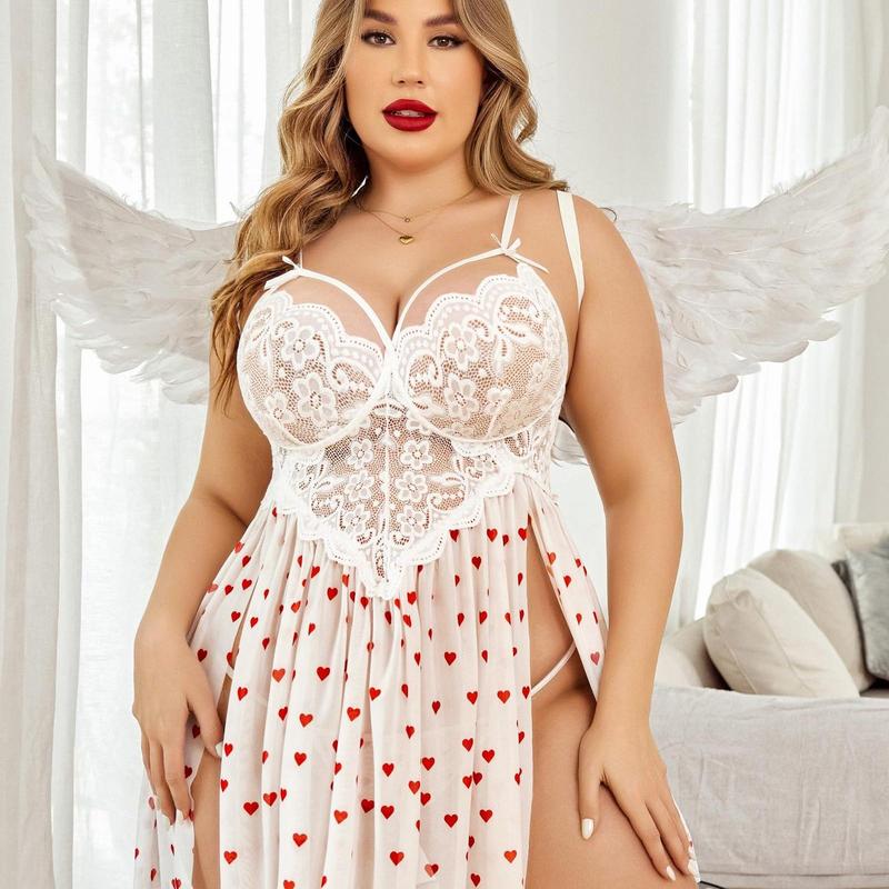 Avidlove Plus Size Lace Lingerie Women Strap Chemise Nightgown V Neck Nighty Sleepwear Side Slit Nightdress