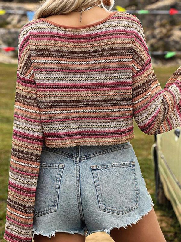 Women's Striped Drop Shoulder Knit Top, Casual Long Sleeve Round Neck Knitwear for Spring & Fall, Fashion Women's Knit Clothing for Daily Wear, Downtown Girl Clothes