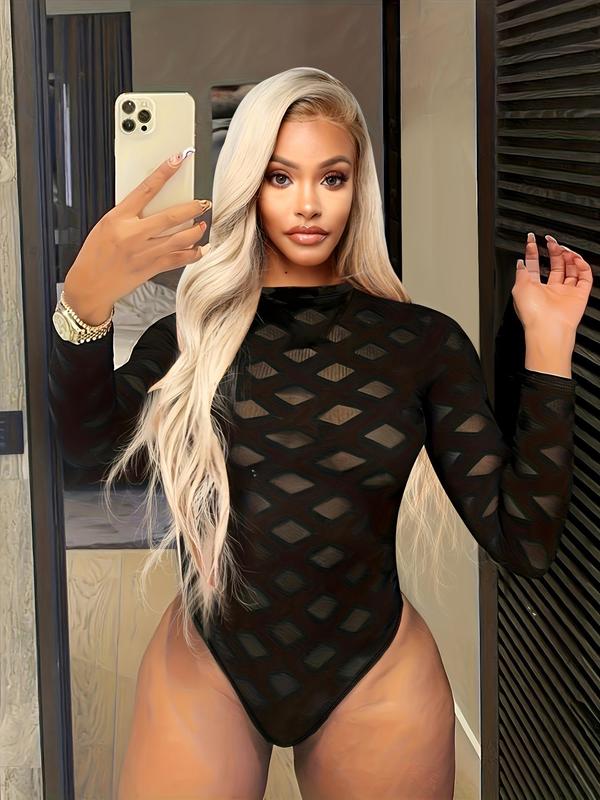 Women's Solid Sheer Mock Neck Mesh Bodysuit, Long Sleeve Bodysuit for Summer, Women's Clothing for Daily Wear