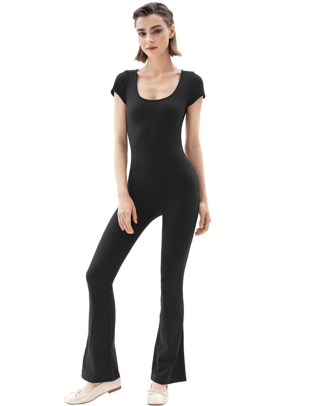 PUMIEY Flare Jumpsuits for Women Scoop Neck Short Sleeve Bodycon Casual Unitard