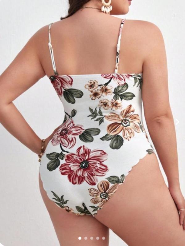 Plus Size Floral Print Scallop Trim Bodysuit, Adjustable Strap Deep V Neck Open Crotch Design Bodysuit for Summer, Women's Clothes for Daily Wear