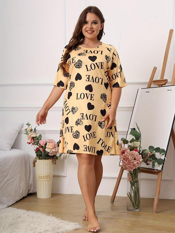 Plus Size Heart & Letter Print Short Sleeve Nightdress, Casual Round Neck Sleep Dress, Women's Sleepwear & Loungewear for Indoor Wear