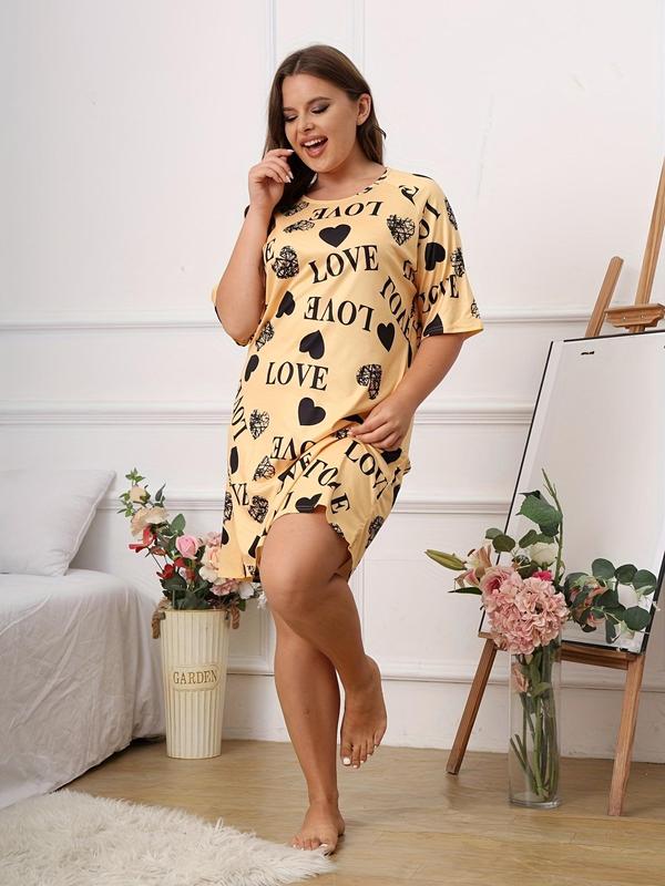 Plus Size Heart & Letter Print Short Sleeve Nightdress, Casual Round Neck Sleep Dress, Women's Sleepwear & Loungewear for Indoor Wear