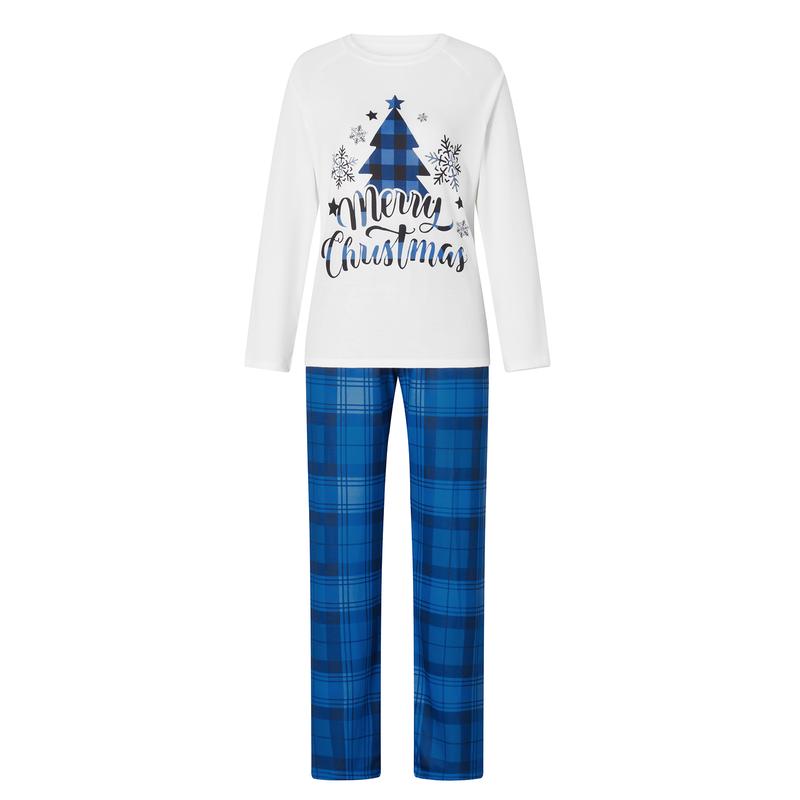 Family Matching Christmas Pajamas, Christmas Tree&Letter Print Long-Sleeved Tops + Plaid Trousers Sleepwear Outfits