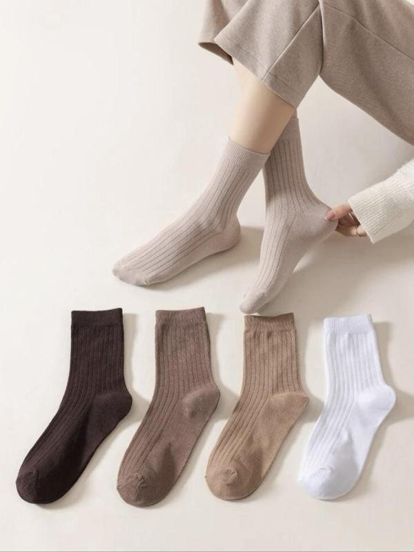 Women's 5 Pairs Minimalist Solid Crew Socks, Comfort Cozy Multi-pack Fashion Casual Cozy Breathable Soft Mid-calf Socks for Daily Outdoor Wear, Women Socks for Fall Winter, Womenswear