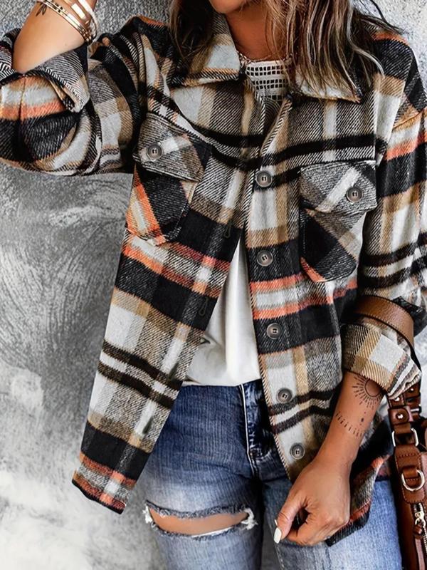 Women's Plaid Print Button Front Drop Shoulder Jacket, Casual Long Sleeve Collared Pocket Outerwear for Spring & Fall, Ladies Clothes for Daily Wear