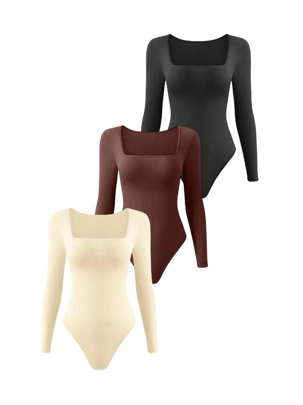 Women's Solid Square Neck Long Sleeve Shapewear Bodysuit, Casual Comfy Tummy Control Shaper, Ladies Shapewear for All Seasons Shaper Clothes