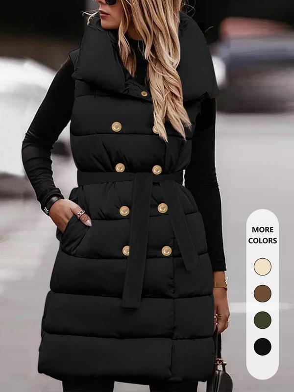 Women's Solid Double Button Pocket Belted Quilted Vest, Casual Tops, Sleeveless High Neck Warm Outerwear for Fall & Winter, Women's Clothing for Daily Wear