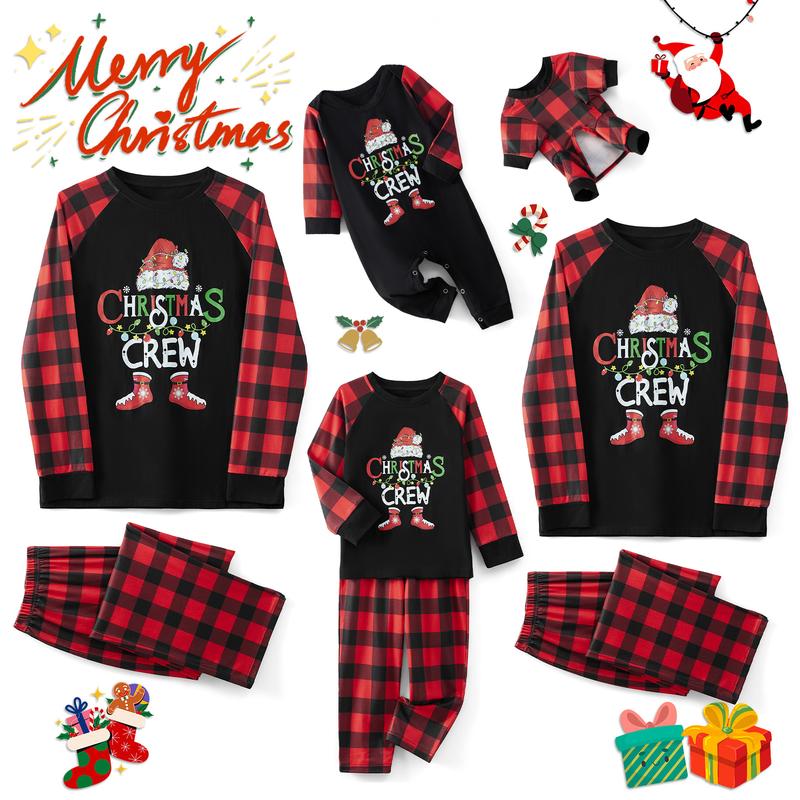 Christmas Family Pajamas Matching Set Letter Santa Hat Print Long Sleeve Tops and Plaid Pants Sleepwear