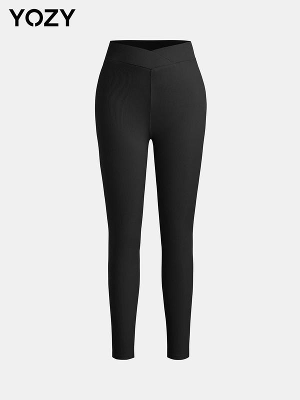 YOZY Women's Solid Color Ribbed Overlap Waist Leggings, Casual Comfy Breathable Skinny Pants for Daily Wear, Ladies Bottoms for All Seasons