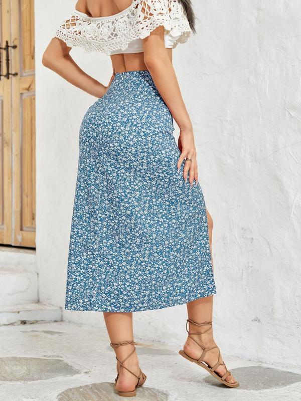 Women's Ditsy Floral Print Split Thigh A Line Vintage Skirt, Boho Casual High Waist Midi Skirt, Bohemian Bottom for Lady, Ladies Summer Clothes for Beach Holiday Vacation