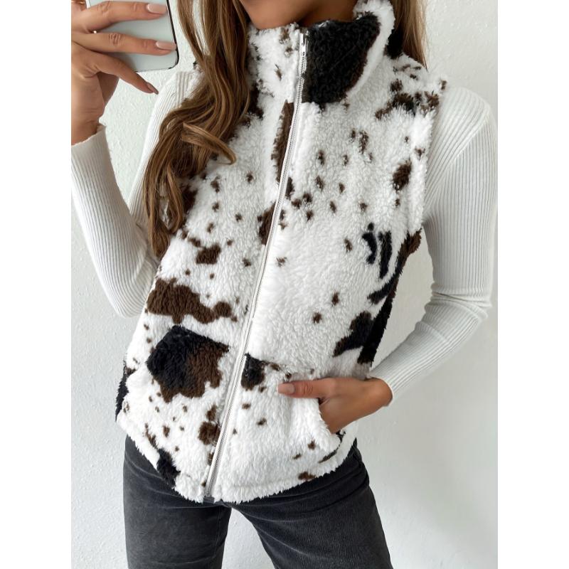 Cozy Cow Pattern Plush Vest Jacket - Soft, Warm, and Casual Sleeveless Gilet with Slant Pockets for Winter & Fall - Women's Fashion Clothing for Everyday Wear