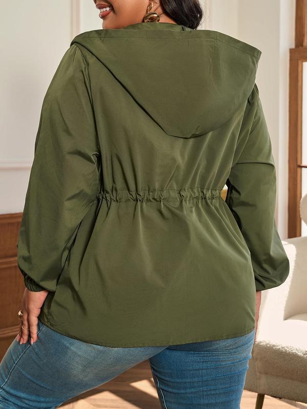 CURVZY Christmas Deals, Plus Size Solid Drawstring Pocket Zipper Hooded Coat, Casual Jackets, Long Sleeve Outerwear for Fall, Women's Clothes for Daily Wear, Christmas 2024 Trend, Fall & Winter Clothes