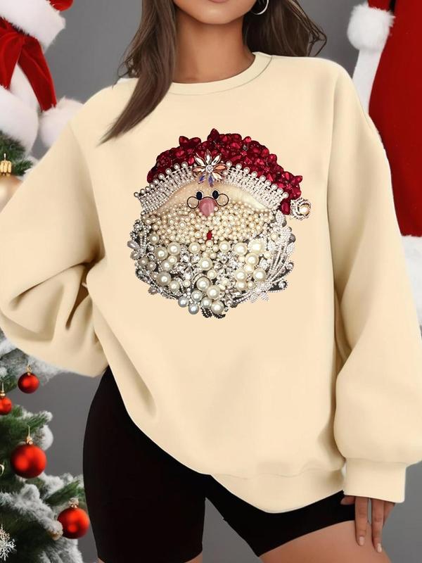 Women's Rhinestone & Faux Pearl Decor Santa Claus Print Christmas Thermal Lined Sweatshirt, Casual Drop Shoulder Long Sleeve Pullover, Women's Christmas Clothes for Daily Wear