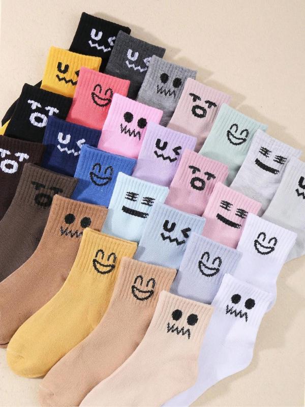 Random Women's Cartoon Face Pattern Crew Socks, Socks for Women, Casual Cute Moisture Wicking Socks, Soft Comfy Breathable Socks for All Seasons Daily Wear