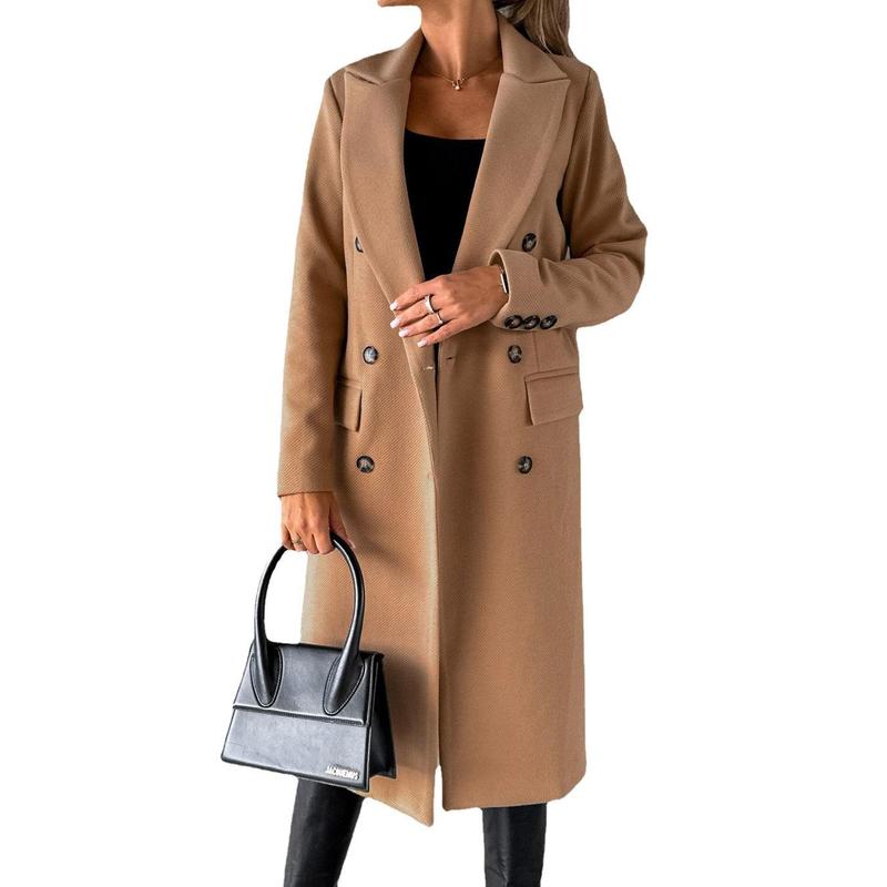 2024 Autumn and Winter New Women's Long Sleeve Polo Collar Solid Color Double Breasted Slim Fit Coat Overcoat 2024