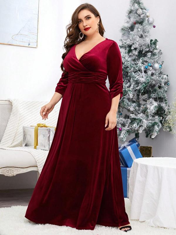  Plain Ruched V Neck Velvet Dress, Elegant 3 4 Sleeve A Line Dress for Party Holiday Wedding Guest, Women's Clothes for Fall & Winter