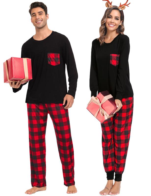 SWOMOG Adult Christmas Pajamas Buffalo Plaid Pajama Pants with Pockets Long Sleeve Tops for Couples & Family Womenswear Pajama Set Cotton Fabric