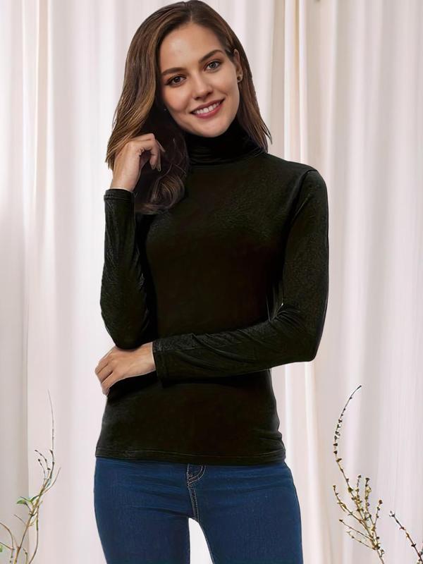 Women's Solid High Neck Long Sleeve Tee, Casual Basic Thermal Top for Fall & Winter, Ladies Clothes for Daily Wear