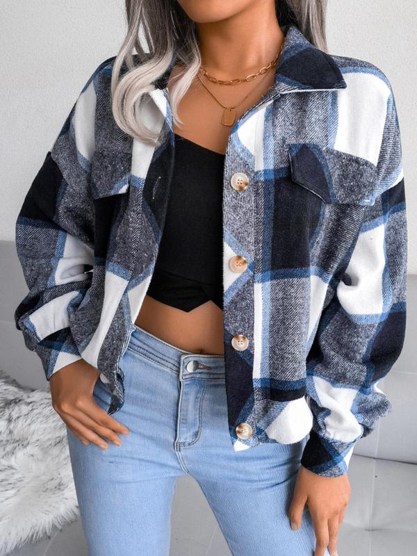 Women's Plaid Print Collared Long Sleeve Button Front Jacket, Pocket Design Drop Shoulder Button Up Outerwear, Women's Fall Tops Clothing, Preppy 80s Clothes