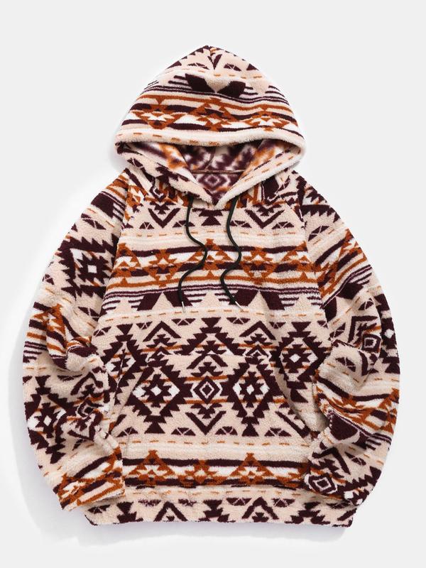 Women's Geometric Print Drawstring Fuzzy Graphic Hoodie, Casual Long Sleeve Pocket Hooded Top for Fall & Winter, Graphic Hoodie, Women's Clothes for Daily Wear, Trendy Casual Outfits 2024