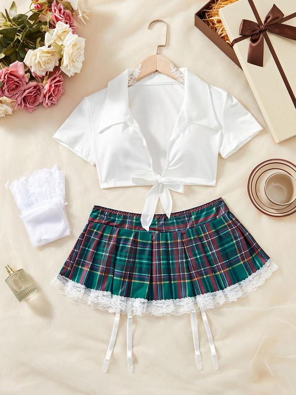 Women's Preppy Style Sexy Costume Set, Short Sleeve Collared Tie Front Crop Top & Plaid Print Mini Skirt & Lace Trim Stockings Set, Romantic Nightwear Lingerie Set for Ladies