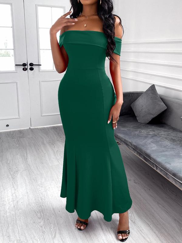 Women's Off The Shoulder Zipper Back Fit and Flare Dress, Elegant Solid Color Maxi Dress, Gowns for Party Evening Formal Occasions, Ladies' Clothes for All Seasons