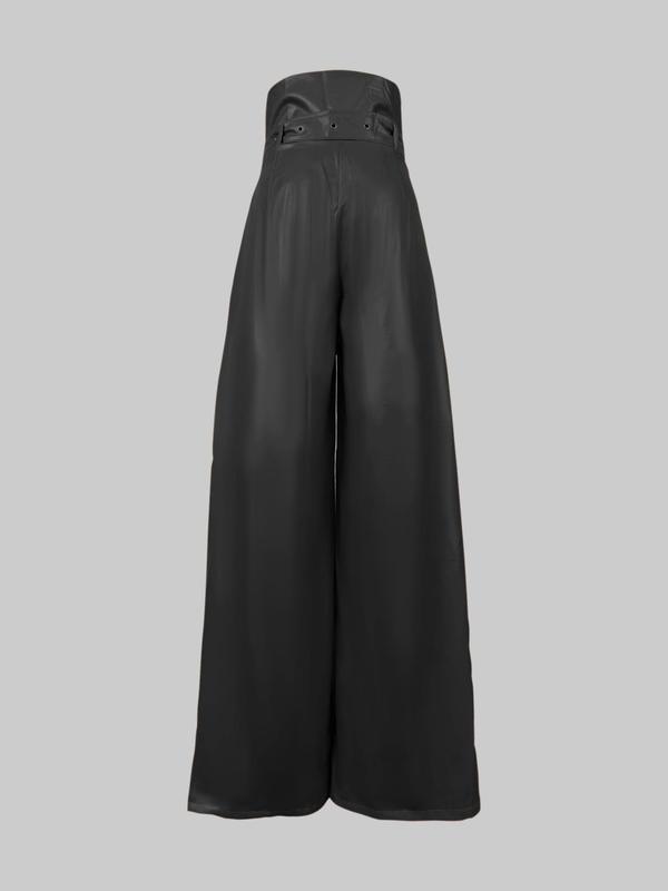 Women's Solid Belted Wide Leg Pants, Casual Pocket Zipper Fly Trousers for Daily Wear, Ladies Bottoms for All Seasons