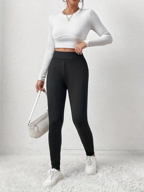 Women's Solid High Waist Thermal Lined Leggings, Casual Soft Skinny Pants, Women's Thermal Underwear for Fall & Winter