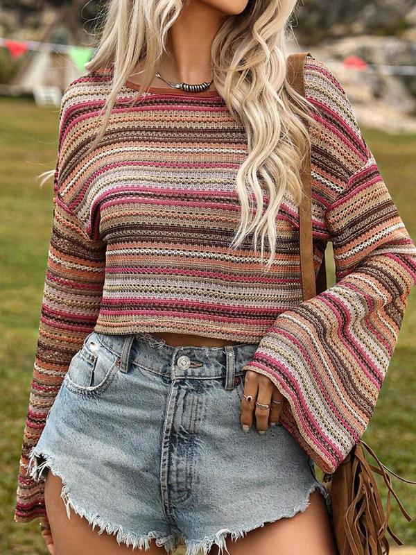 Women's Striped Drop Shoulder Knit Top, Casual Long Sleeve Round Neck Knitwear for Spring & Fall, Fashion Women's Knit Clothing for Daily Wear, Downtown Girl Clothes