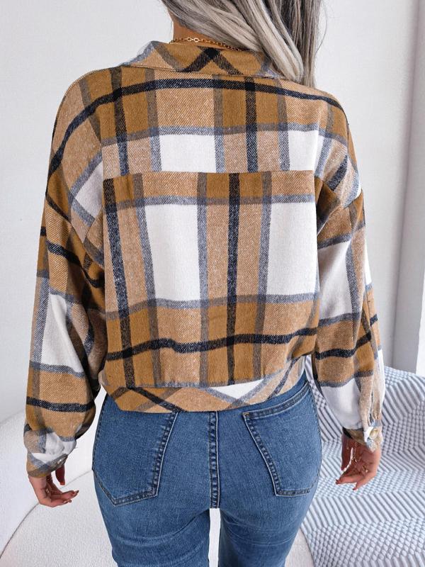 Women's Plaid Print Collared Long Sleeve Button Front Jacket, Pocket Design Drop Shoulder Button Up Outerwear, Women's Fall Tops Clothing, Preppy 80s Clothes