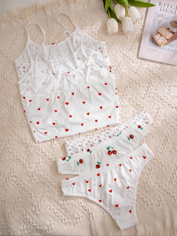 Three-Piece Set Women's All Over Print Bow Decor Underwear Set, Cute Cami Lingerie Top & Thong Set, Lady Summer Lingerie Set for Daily Wear