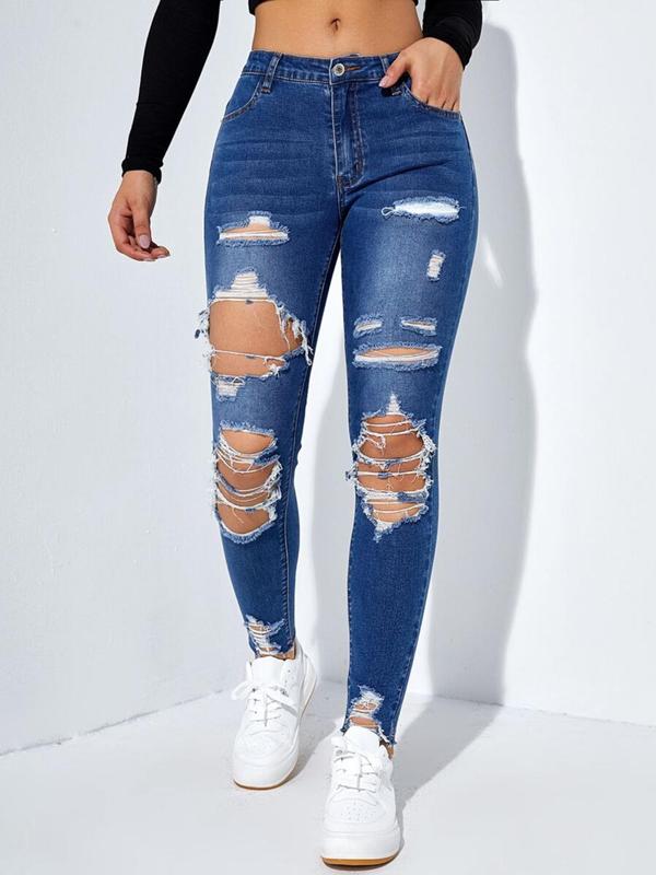 Women's Ripped Button Pocket Skinny Jeans, Women's Jorts, Fall Outfits, Casual Pants Fashion Raw Hem Trousers for Daily Outdoor Wear Back To School, Ladies Bottoms for Fall, Downtown Girl Clothes,