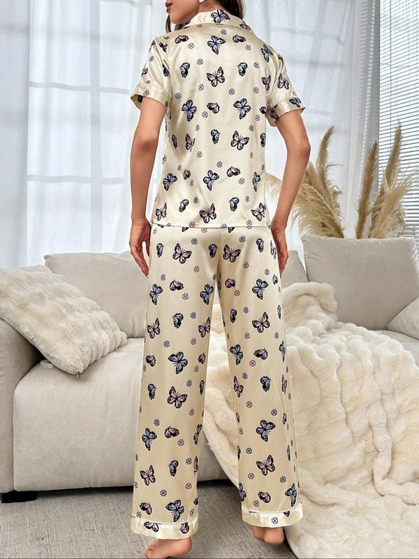 Two-Piece Set Women's Butterfly Print Notched Neck Pajama Set, Casual Comfy Short Sleeve Top & Pants PJ Set, Ladies Sleepwear for All Seasons