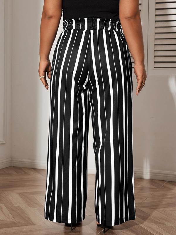 CURVZY Plus Size Striped Print Elastic Waist Wide Leg Pants, Casual High Waist Trousers for Women, Women's Bottoms for Summer & Fall, Thanksgiving Clothes, Tiktok Shop Black Friday, Black Friday Haul