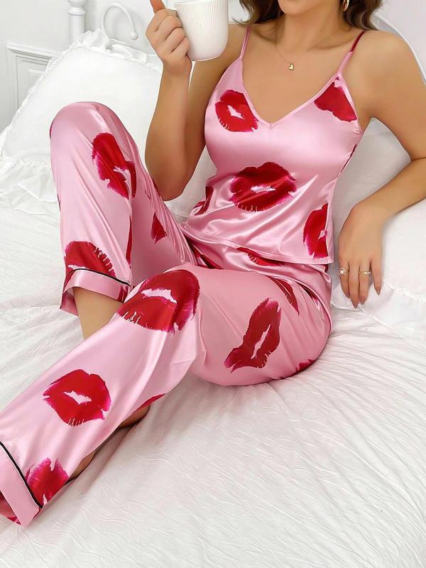 Two-Piece Set Women's All Over Lip Print Pyjama Set, Elegant V Neck Cami Top & Elastic Waist Sleep Pants, Ladies Sleepwear for All Seasons