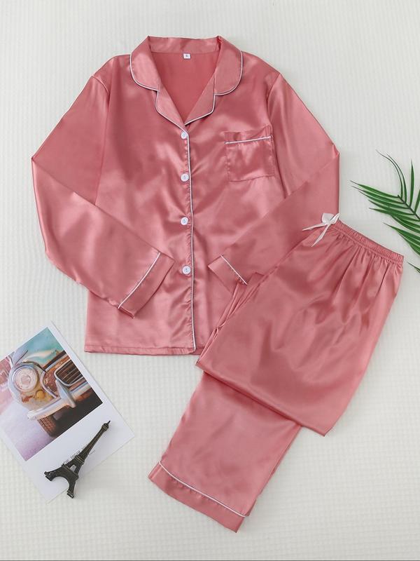 2 4 6 Counts Womenswear Soft Satin Lounge Set, Pajama Sets Women, Minimalist Pj Sets for Women, Basic Button Front Lapel Neck Long Sleeve Top & Elastic Waist Pants Pajama Set, Nightwear Sets, Women's Sleepwear, Summer Wear 2024