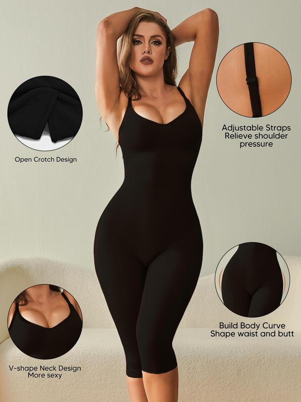 Women's Plain Adjustable Strap Shapewear Capris Jumpsuit, Backless Ruched Shapewear Bodysuit, Body Shapewear, Tummy Tuck Clothes, Ladies Seamless Tummy Control Shaper