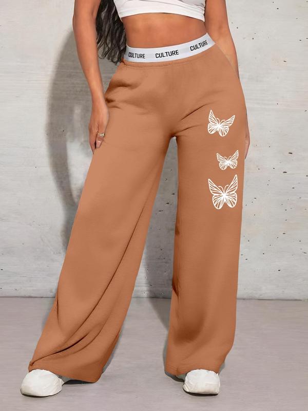 Women's Butterfly Print Letter Tape Waist Sweatpants, Y2K Casual High Rise Pocket Wide Leg Trousers for Daily Wear, Ladies Bottoms for All Seasons