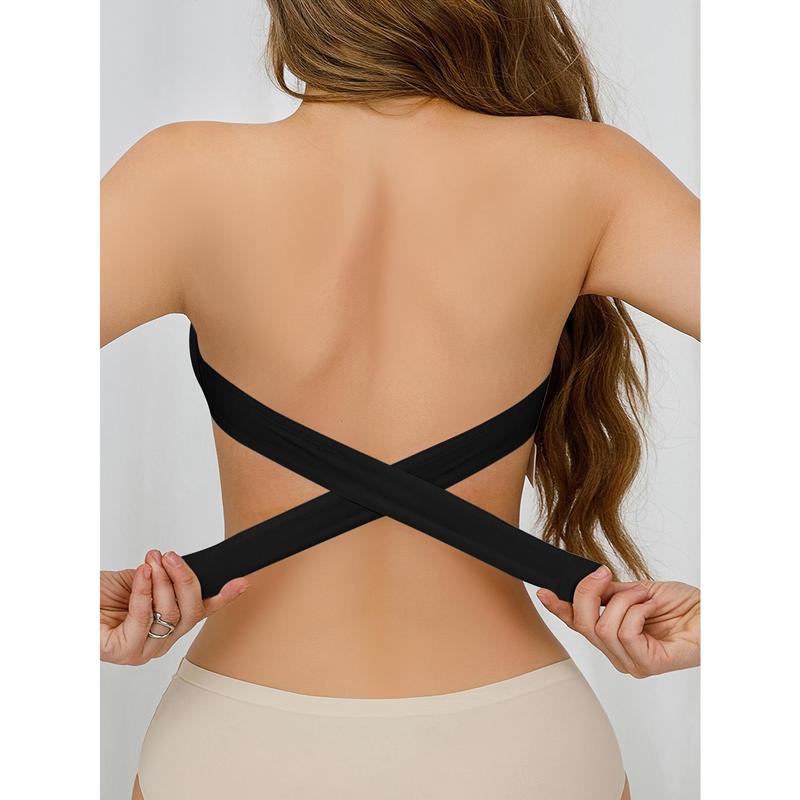 Wireless Boob Tube Top with Side Buckles, Sexy Strapless Nylon Knitted Fabric-Removable Padding, Cross Shoulder Strap Details, Solid Color Stretch Tube Top for Adults-Nylon 75%, Spandex 25%