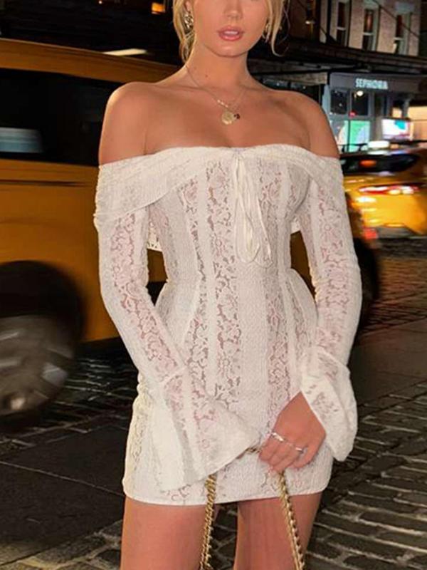 Women's Off The Shoulder Floral Lace Short Dress, Elegant Tie Front Long Sleeve Short Dress for Party Club Dating Wear, Women's Clothing for Fall & Winter