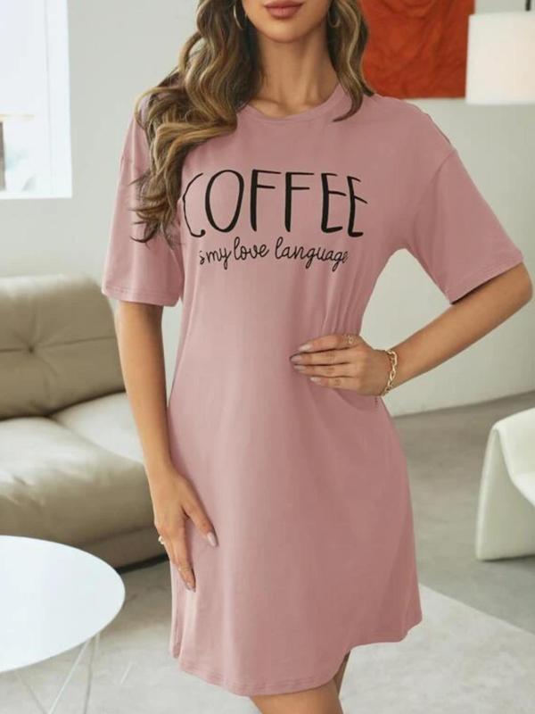 Women's Letter Print Drop Shoulder Crew Neck Nightdress PJ, Casual Soft Comfy Half Sleeve Round Neck Loungewear Dress Nighties for Summer, Women's Sleepwear for Indoor Wear, Summer Clothes Women