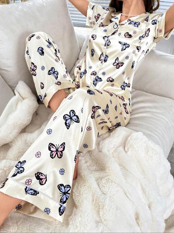 Two-Piece Set Women's Butterfly Print Notched Neck Pajama Set, Casual Comfy Short Sleeve Top & Pants PJ Set, Ladies Sleepwear for All Seasons