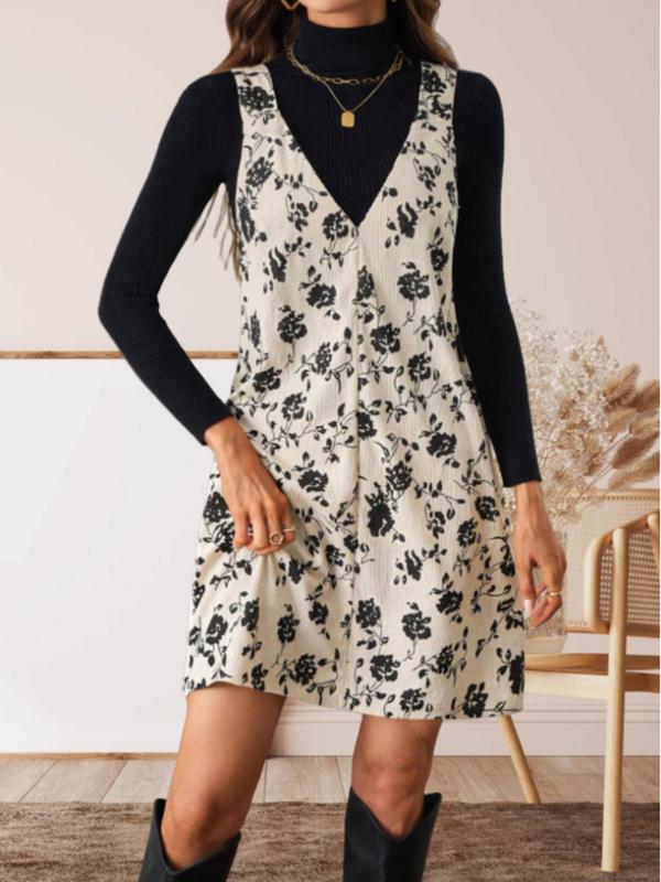 Women's Floral Print V Neck Tank Dress, Elegant Sleeveless Short Dress for Spring & Fall, Ladies Clothes for Daily Wear