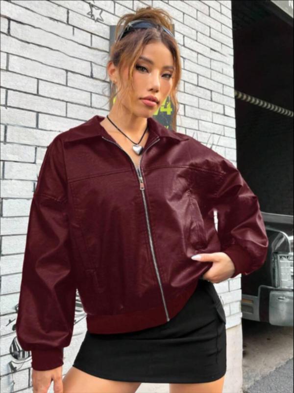 Women's Solid Color Drop Shoulder Zip Up Pu Jacket, Fashion Casual Pocket Collared Outerwear for Daily Outdoor Wear,  Winter Clothes Women, Ladies Clothes for Fall & Winter